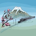 View of Mountain Fuji and traveling train. Vector vintage hatching