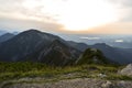 View from mountain Herzogstand to Heimgarten at sunset, Bavaria, Germany