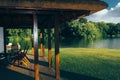 View Of Mountain Lake From The Terrace Of Ecologic Cottage For Camping Recreation Outdoor Concept