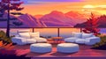 A view of a mountain lake from a tropical villa patio or hotel patio at sunset. An illustration of a patio with a sofa Royalty Free Stock Photo