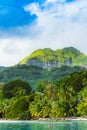 View of the mountain landscape in the lagoon Huahine, French Polynesia. Vertical