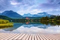 The view of mountain landscape with lake from wooden pier. Royalty Free Stock Photo