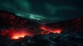 a view of a mountain with lava and bright lights in the sky