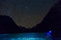 View of Mountain Lodge Roof at Night with starry Sky on Background