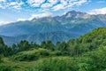 View of the mountain meadow with trees, grass and footpath and high mountains with snow-capped peaks in the distance