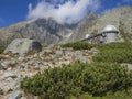 View on mountain Peak Lomnicky stit 2 634 m covered in clouds at Summer with Skalnate pleso Observatory, second highest mountain p Royalty Free Stock Photo