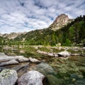 View of mountain peak over a lake in Spain`s national park in the Pyrenees Royalty Free Stock Photo