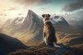 view of mountain range with dog standing on highest peak, looking out over the landscape