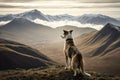 view of mountain range with dog standing on highest peak, looking out over the landscape