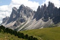 View of a mountain range in the Dolomites in the Puez Odle-Geisleralm National Park in Italy