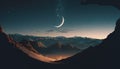 a view of a mountain range with a half moon in the sky and a star in the sky above the mountain range is a crescent Royalty Free Stock Photo