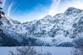 View of the mountain range from Morskie Oko. Morskie oko mountain lake in High-Tatras Royalty Free Stock Photo