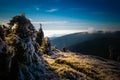 View from mountain range to the valley above fog and clouds Royalty Free Stock Photo
