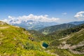 View from mountain Rippetegg to lake Untersee and distant Dachstein