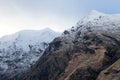 View on mountain scene of snowcapped mountains during sunset