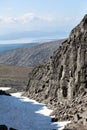 View from mountain snowy pass of the Khibiny Massif or Khibins at the Imandra lake. The Kola Peninsula, Russia, within the Arctic