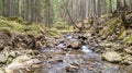A view of a mountain stream that flows down a slope of stones Royalty Free Stock Photo