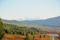 A view of the mountain taiga overgrown with coniferous forest, a fragment of the road and an electric transmission line passing Royalty Free Stock Photo