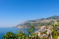 View of the mountainous landscape, harbour and sea off the Amalfi coast from the small Italian town of Maiori, Italy.