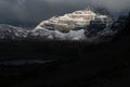 The view of the mountains behind Consolation Lake in Jasper National Park Canada, close to Moraine Lake, sun striking