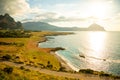 View of mountains and blue sea in the Italian natural reserve or Riserva dello Zingaro at sunset lights in Sicily, Italy Royalty Free Stock Photo