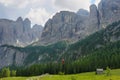 View of mountains and a cablecar in Gardena pass, Dolomites Alps , Italy, Europe