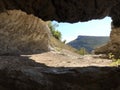 View of the mountains from the cave window. Cave city of ancient Christians Kachi Kalon