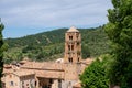 View on mountains cliff, old houses, green valley in remote medieval village Moustiers-Sainte-Marie in Provence, France Royalty Free Stock Photo