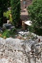 View on mountains cliff, old houses, green valley in remote medieval village Moustiers-Sainte-Marie in Provence, France Royalty Free Stock Photo