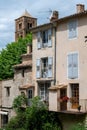 View on mountains cliff, old houses, green valley in remote medieval village Moustiers-Sainte-Marie in Provence, France Royalty Free Stock Photo