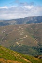 View at the mountains with a curve dirt road