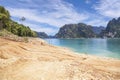 View of mountains, forests, trees in the rainy season, Cheow Lan Dam or Ratchaprapha Dam Surat Thani Province, Thailand Royalty Free Stock Photo