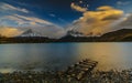 View of the mountains and the lake during the sunrise of Torres del Paine National Park. Autumn in Patagonia, the Royalty Free Stock Photo