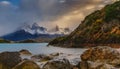 View of the mountains and the lake during the sunrise of Torres del Paine National Park. Autumn in Patagonia, the Royalty Free Stock Photo