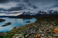 A view of the mountains and the lake during a sunset in the Torres del Paine National Park. Autumn in Patagonia, the Royalty Free Stock Photo