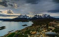 A view of the mountains and the lake during a sunset in the Torres del Paine National Park. Autumn in Patagonia, the Royalty Free Stock Photo