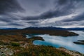 A view of the mountains and the lake during a sunset in the Torres del Paine National Park. Autumn in Patagonia, the Royalty Free Stock Photo