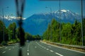 View of mountains Olympus seen from asphalt road highway, Pieria, Macedonia, Greece