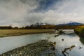 View of the mountains and the river in Torres del Paine National Park. Autumn in Patagonia, the Chilean side Royalty Free Stock Photo
