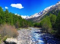 View of the mountains and river into the valley. Elbrus area Royalty Free Stock Photo