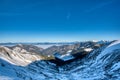 View of mountains west Tatra mountains and valley with fog and blue sky from ridge in Low Tatras, Slovakia Royalty Free Stock Photo