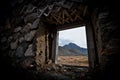 View of the mountains from the window of the abandoned building of the Chukotka Forced Labor Camp, which was part of the Gulag