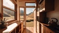 A view of the mountains through a window. AI generative image. Tiny house interior.