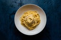 view A mouthwatering display of spaghetti alla carbonara captured in foodgraphy Royalty Free Stock Photo