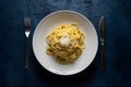 view A mouthwatering display of spaghetti alla carbonara captured in foodgraphy