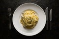 view A mouthwatering display of spaghetti alla carbonara captured in foodgraphy