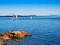 View on Mt. Baker from Vancouver Island, Canada, with sailboats Royalty Free Stock Photo