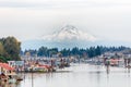 View of Mt. Hood and Portland Marina floating boat houses in Oregon Royalty Free Stock Photo