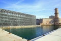 View of the Mucem wall, Fort St Jean and the Vieux Port basin, Marseille, France