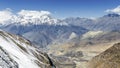 Muktinath valley seen from Thorong La pass  Annapurna Circuit  Nepal Royalty Free Stock Photo